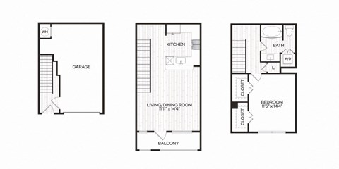 Floor plan for 1 bed, 1 bath, 874 sqft
